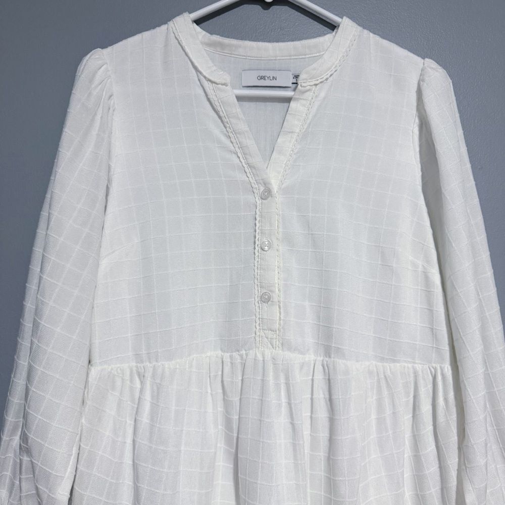 Greylin Pattern Texture Teagan Windowpane Popover Mini Dress Size Small White - Picture 8 of 11